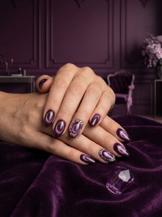 Velvet Cat-Eye Gem Halo Nails