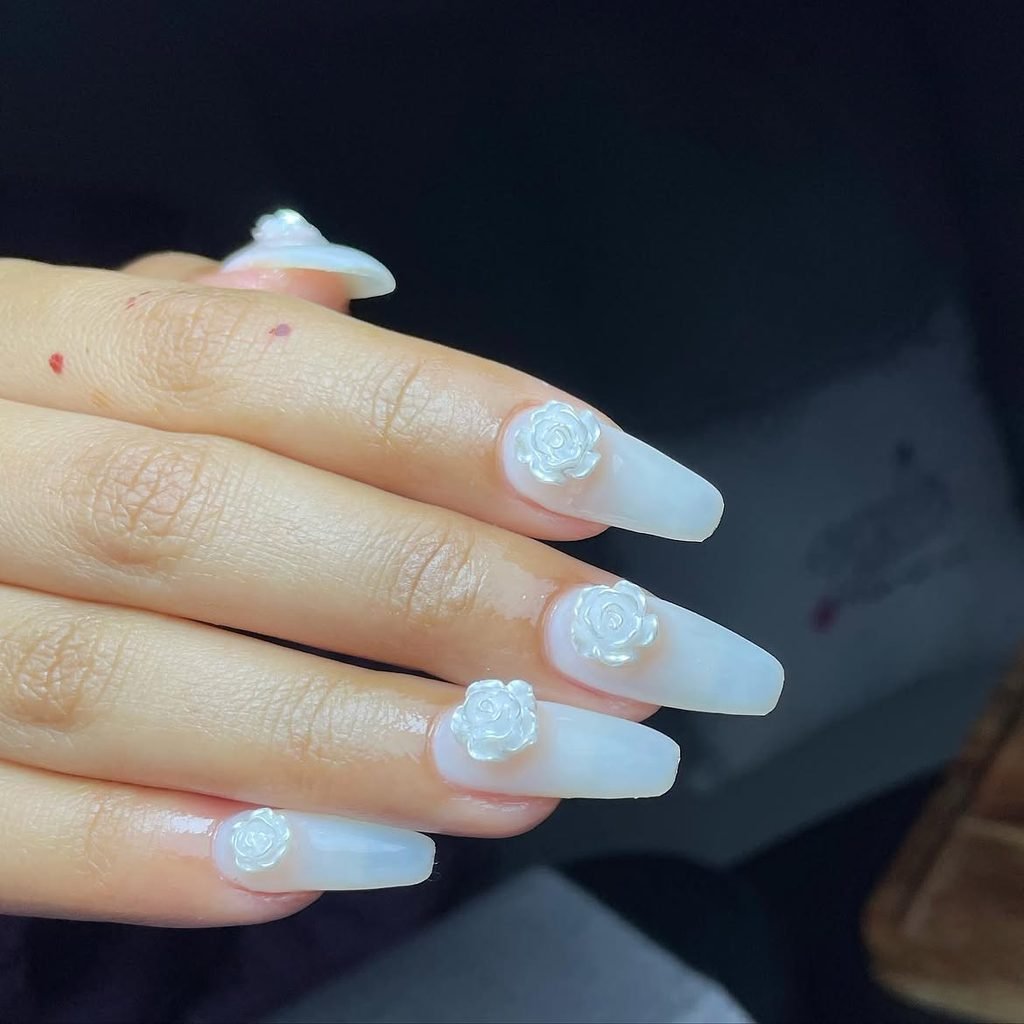 White Camellia 3D Nails