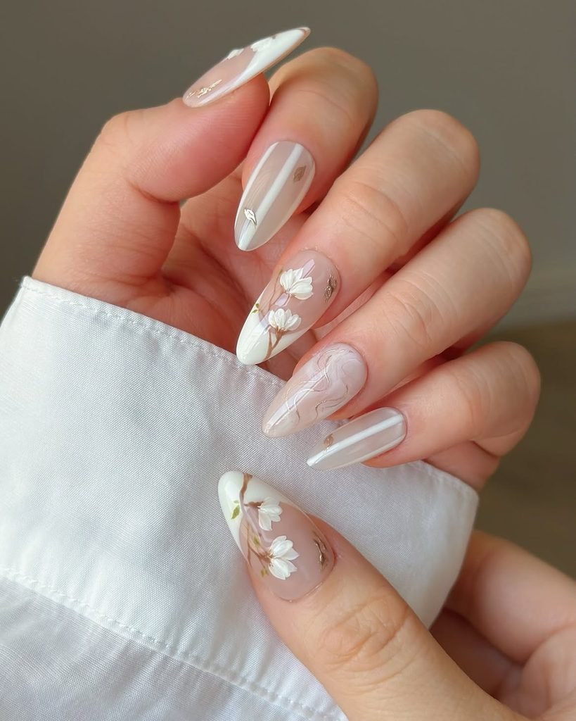 White Magnolia 3D Nails