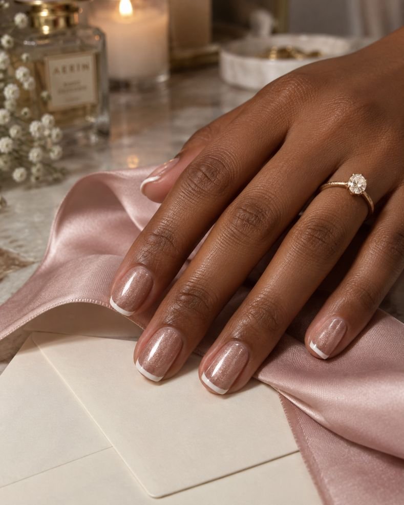 White Micro-French Pink Velvet Nails