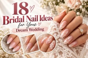18 bridal nail ideas featuring elegant French, pearl, chrome, floral, and wedding nail designs.