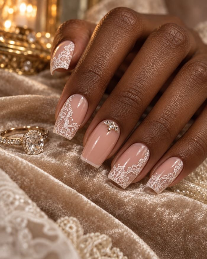 Lace and Crystal Accent Nails