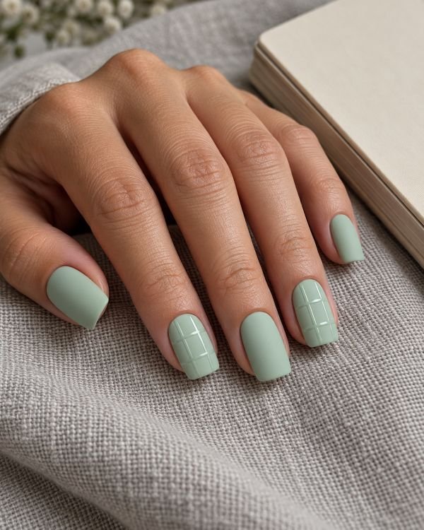 Matte Mint Nails with Glossy Grid Lines