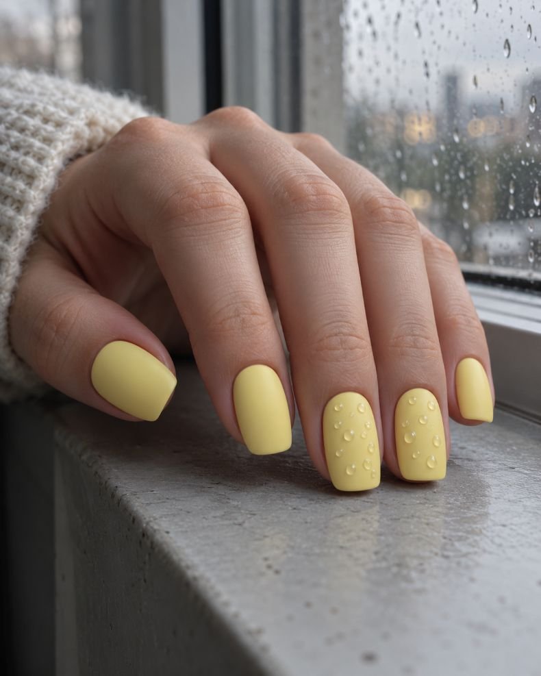 Matte Yellow Nails with Glossy Raindrops