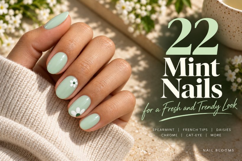 Glossy mint nails with white daisy accents beside the title “22 Mint Nails for a Fresh and Trendy Look” on a Nail Blooms cover