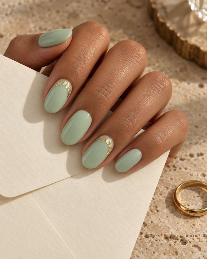 Mint Nails with Gold Foil Cuticle Arcs