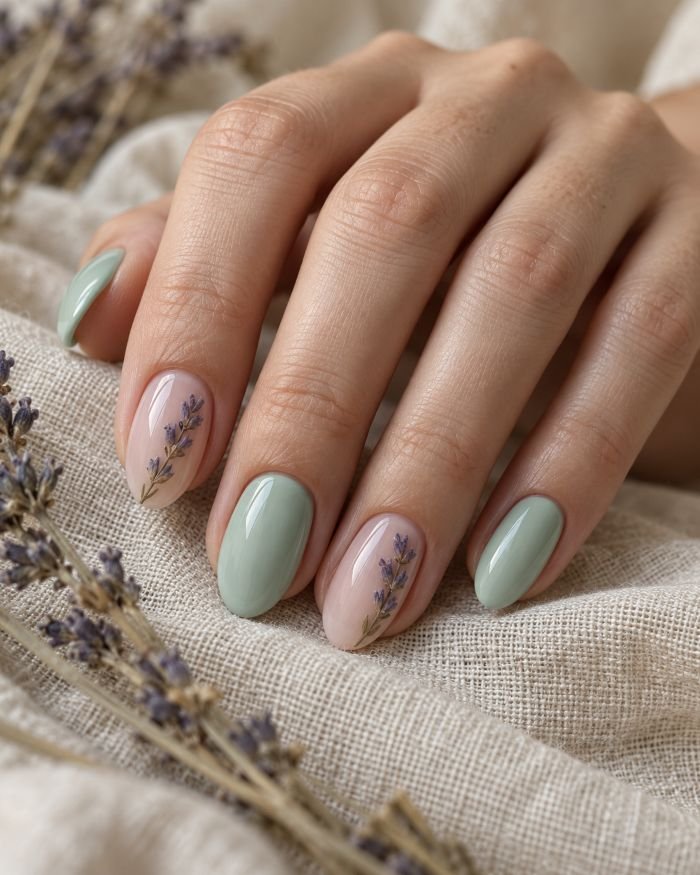 Mint Nails with Pressed Lavender Accents