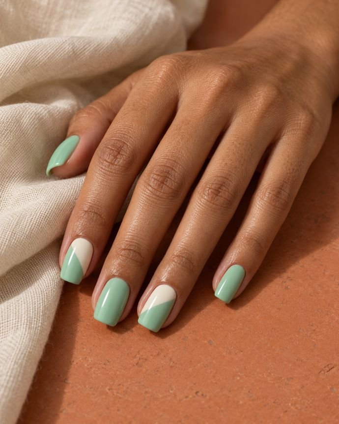 Mint and Ivory Color-Block Nails