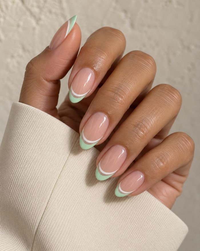 Mint and White Double-French Nails