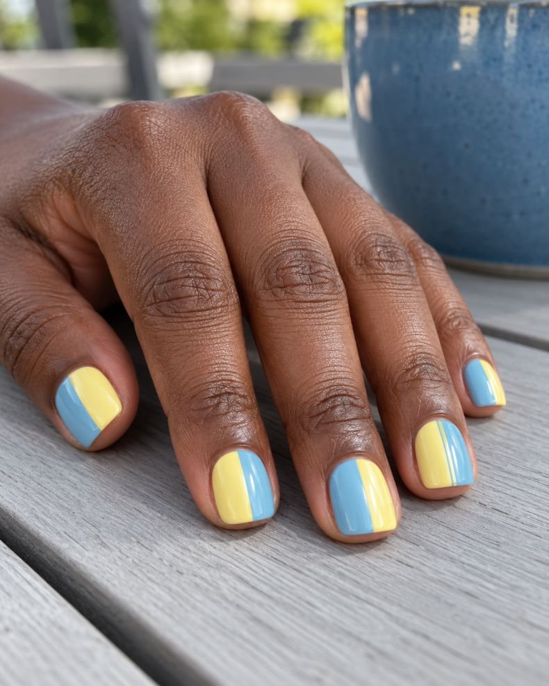 Pale Blue and Yellow Split Nails