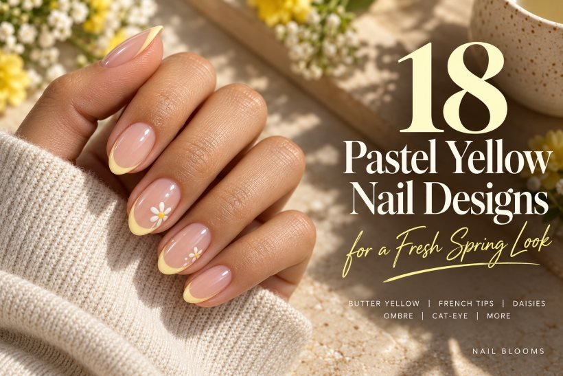 Close-up of pastel yellow nails with delicate French tips and white daisy accents, showcasing 18 pastel yellow nail designs for a fresh spring look.