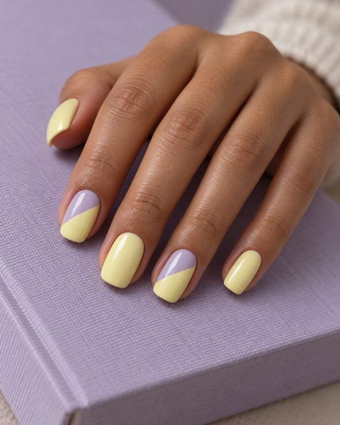 Pastel Yellow and Lavender Color-Block Nails
