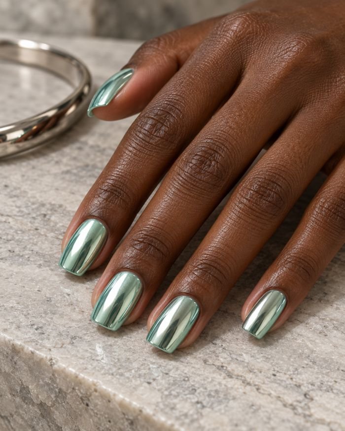 Sea Glass Mint Chrome Nails