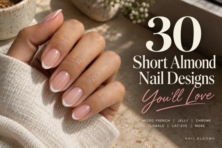 Short almond nails with sheer pink polish and white French tips beside the article title.