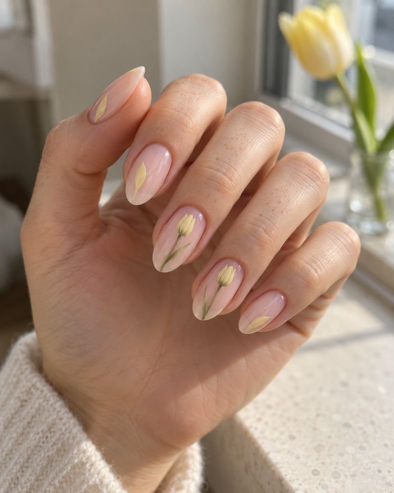 Tiny Yellow Tulips on Sheer Nails
