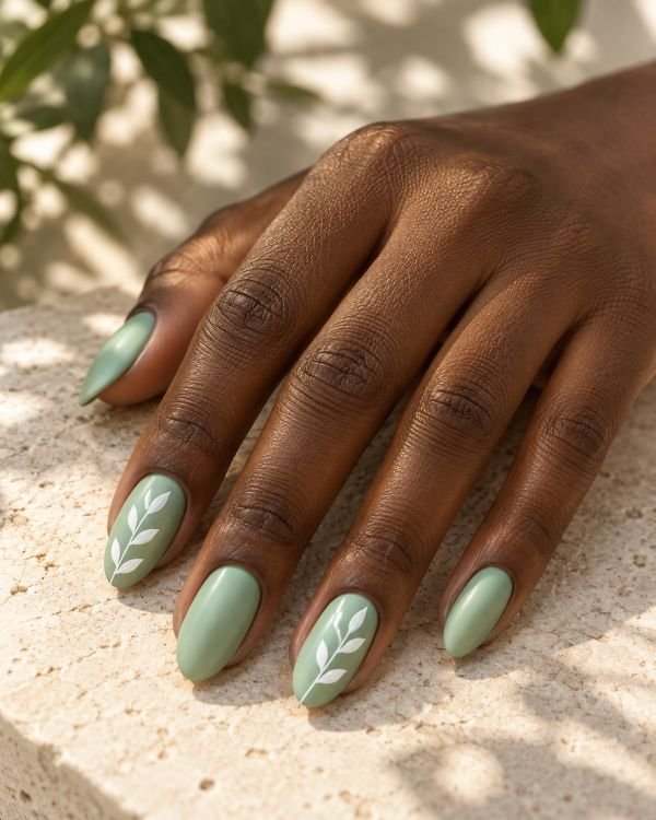 White Botanical Stems on Mint Nails