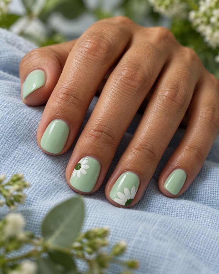 White Daisy Accents on Mint Nails