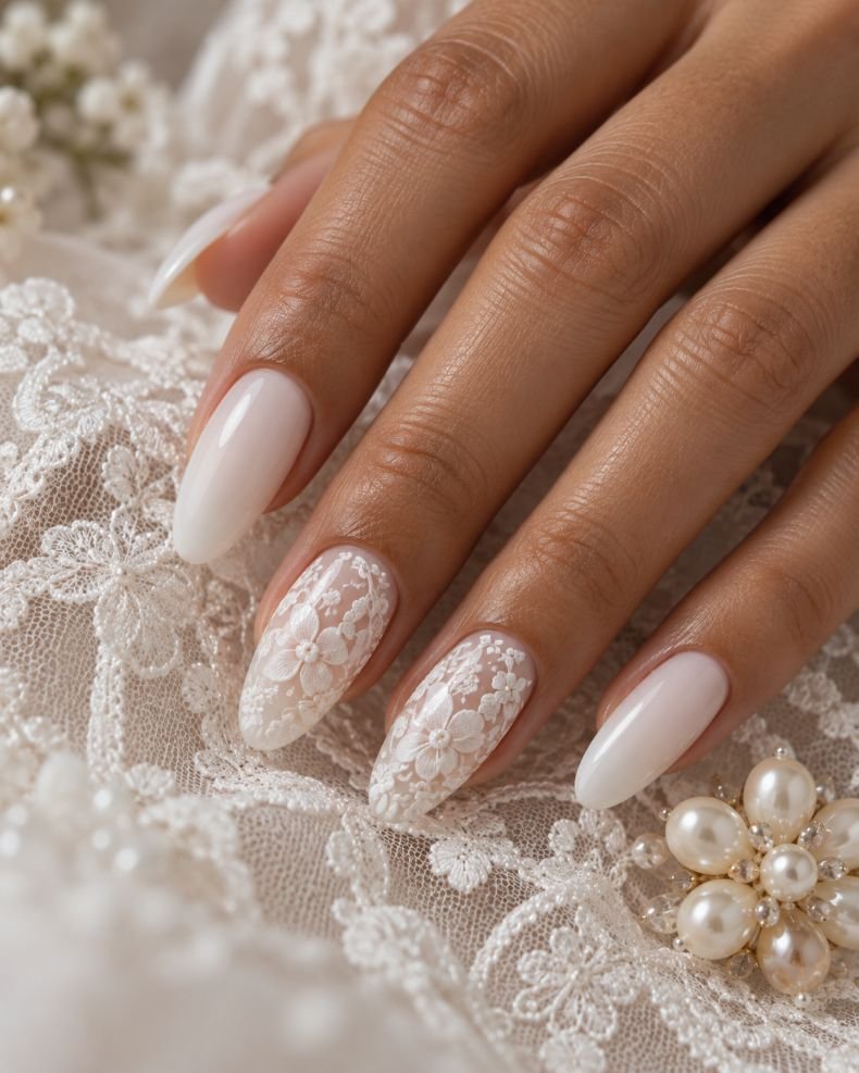 White Floral Lace Accent Nails